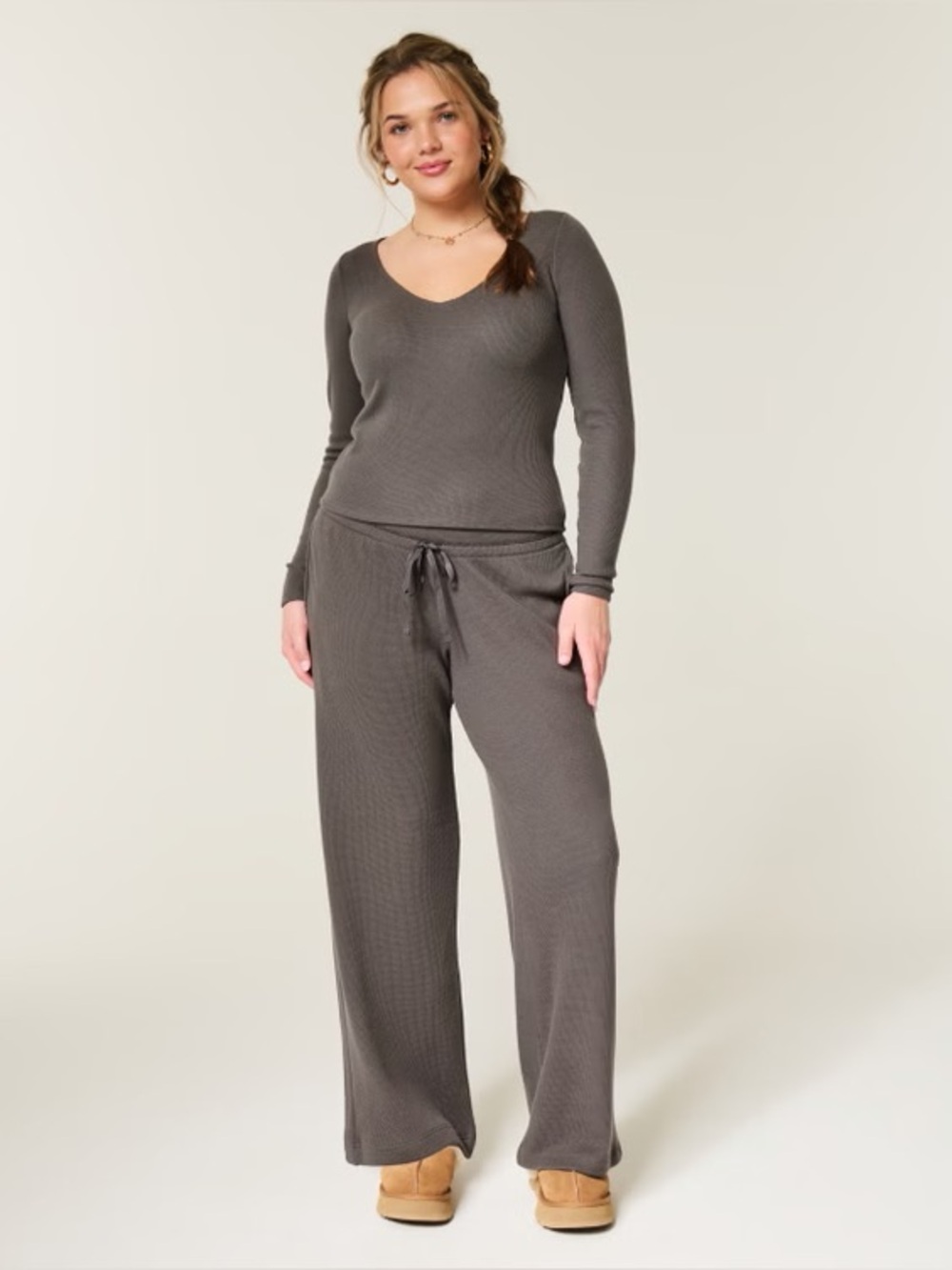 NWT Gilly Hicks Always Cozy Waffle Top & Straight Pants Charcoal Grey Size Small